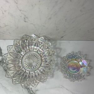 VINTAGE 60’s Federal Glass Iridescent Carnival Glass flower petal plate set